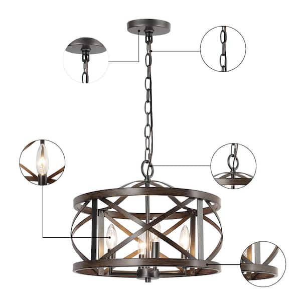 4-Light Rust Black Drum Cage Candlestick Island Chandelier with Faux Wood Accents
