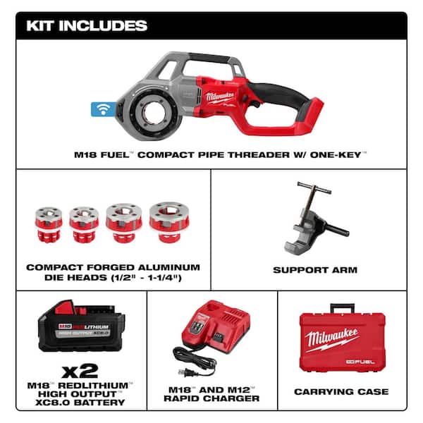 M18 FUEL One-Key Cordless Brushless Compact Pipe Threader Kit W/(2) 8.0Ah Batteries, 1/2 in. - 1-1/4 in. Aluminum Dies