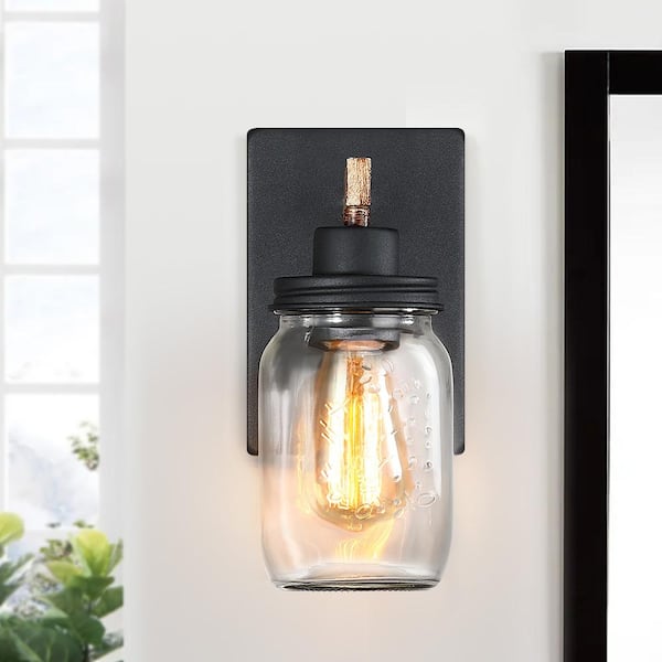 Eliton 1-Light Black/Wood Tone Rustic Farmhouse Wall Sconce with Clear Mason Jar Glass Shades