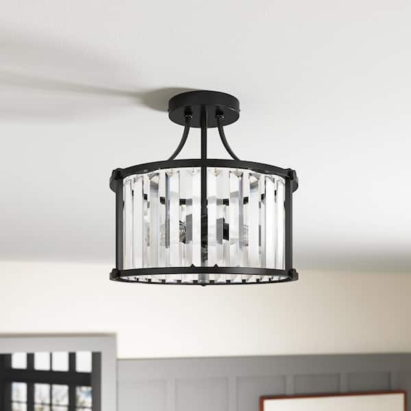 Modern 12.6 in. 3-Light Crystal Semi-Flush Mount Matte Black Close to Ceiling Light Fixtures