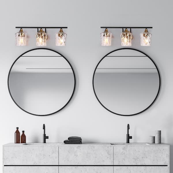 20 in. Modern 3-Light Black Wall Sconce Brass Gold Transitional Bath Lighting Water Glass Shade Bathroom Vanity Light