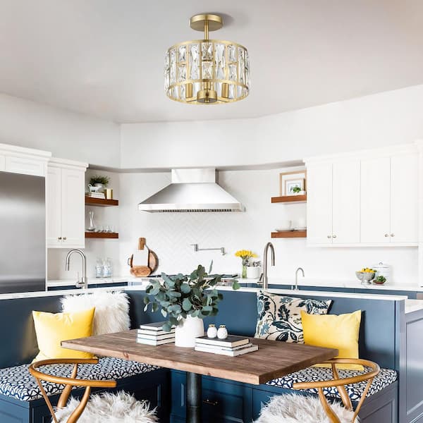 12 in. 3-Light Round Modern Gold Drum Semi Flush Mount Ceiling Light with Clear Crystal Glass