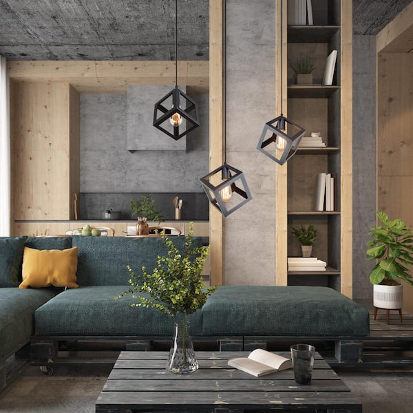 Modern Black Square Pendant Light DIY 1-Light Industrial Kitchen Island Bedroom Hallway Cube Hanging Chandelier (1-Pack)