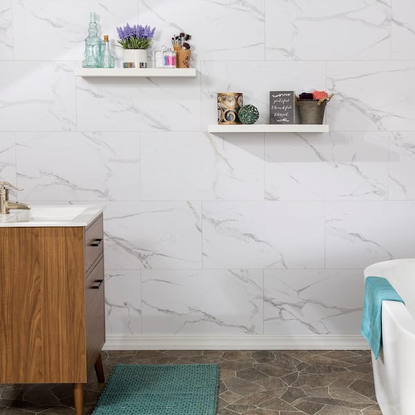 25.6 in. L x 14.8 in. W Carrara Marble No Grout Vinyl Wall Tile (21 sq. ft./case)