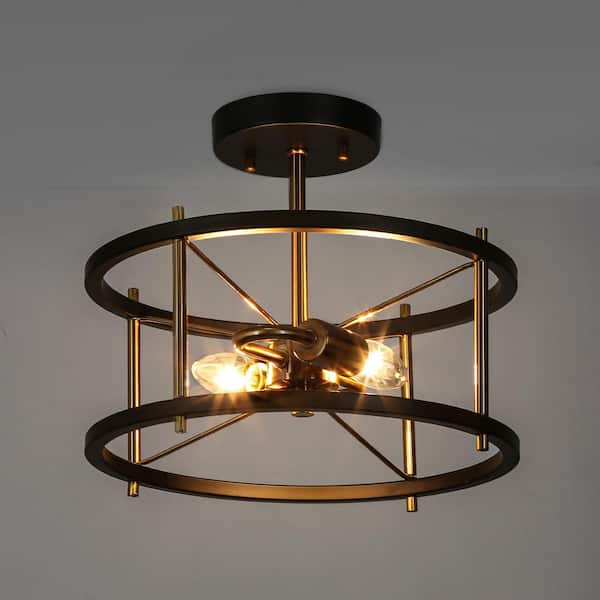 12 in. 2-Light Black Modern Semi-Flush Mount, Brass-Plated Ceiling Light, Farmhouse Open Cage Light Fixture