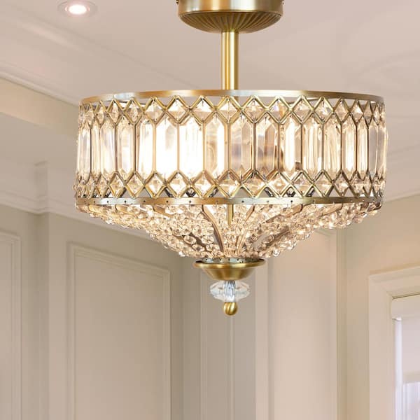 14.75 in. 2-Light Gold Semi-Flush Mount-Light with Tiered Jeweled Glass