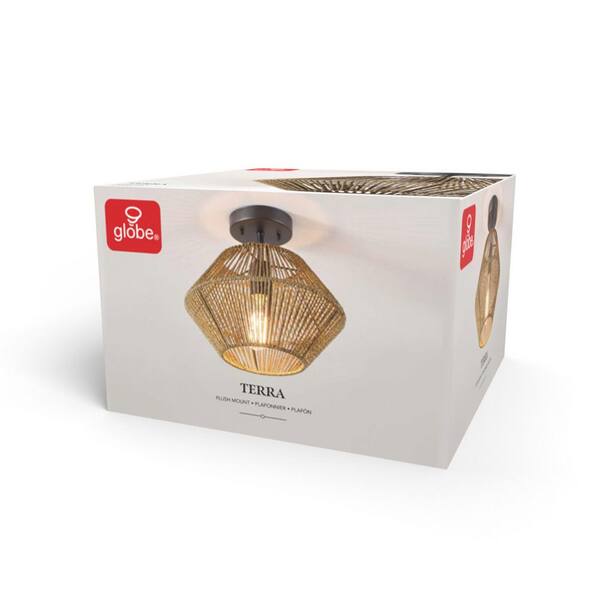 12 in. 1-Light Matte Black Flush Semi-Flush Mount Ceiling Light with Natural Twine Shade