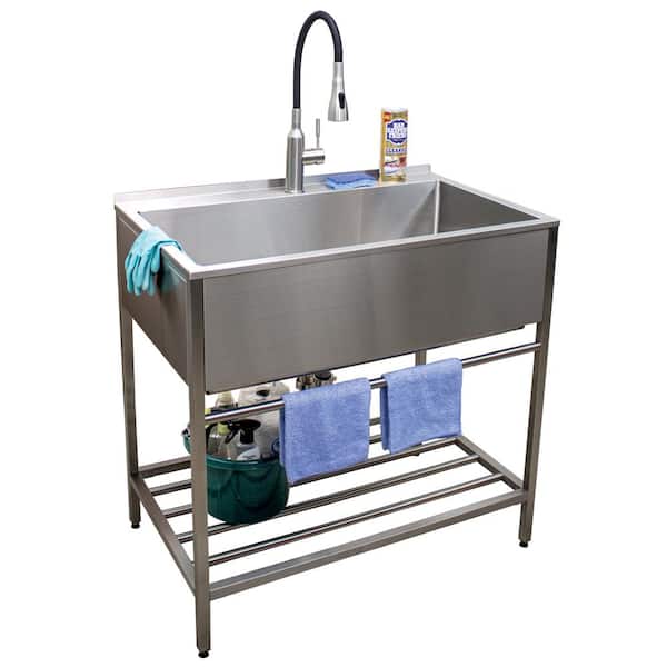 36 in. x 22 in. x 34 in. Stainless Steel Apron-Front Freestanding Utility/Laundry Sink with Wash Stand in Brushed Satin