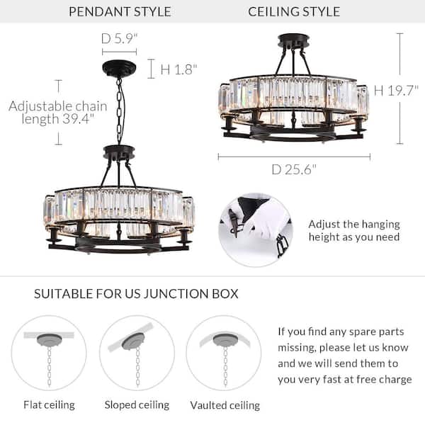 Modern Crystal Chandelier 26 in. 6-Light Black Drum Pendant Lighting Ceiling Semi Flush Mount