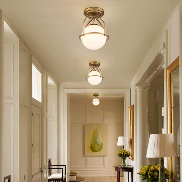 Fragoso 8.66 in. 1-Light Brass Semi Flush Mount Light with Opal Glass