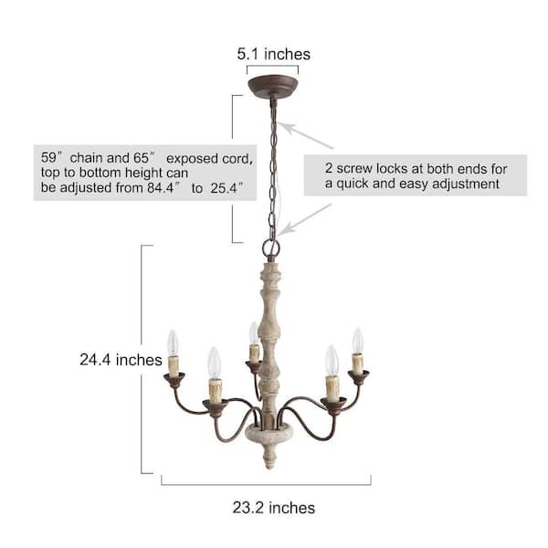 Wood Candle Chandelier 5-Light Weathered White Dining Room Chandelier Bronze Rustic Chandelier with French Country Style