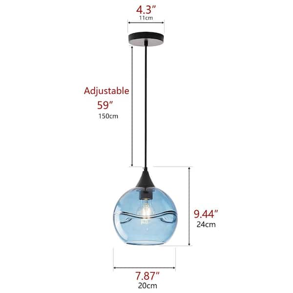 1-Light Farmhouse Black Globe Pendant Light Fixture Vintage Hanging Lights with Handblown Blue Glass Shade