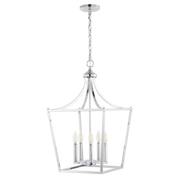 Camden 16 in. 5-Light Chrome Iron Classic Midcentury Farmhouse Lantern Pendant Light
