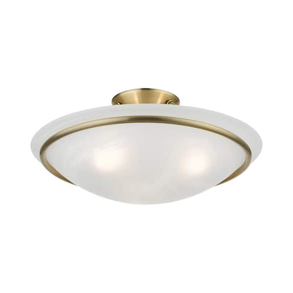 Newburgh 16 in. 3-Light Antique Brass Semi-Flush Mount with White Alabaster Glass
