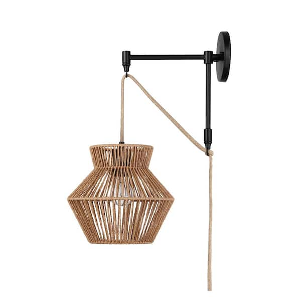 Ariel 10 in. W 1-Light Bohemian Plug-in Wall Sconce, Bedside Reading Lamp with Seagrass Shade, and Woven Rope Accent
