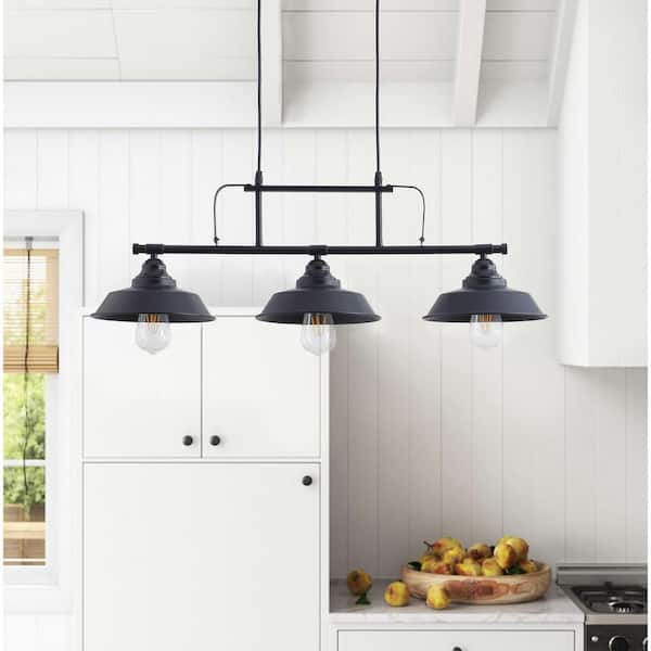 3-Light Black Kitchen Island Linear Pendant Light Industrial Ceiling Hanging Fixture with Metal Shade