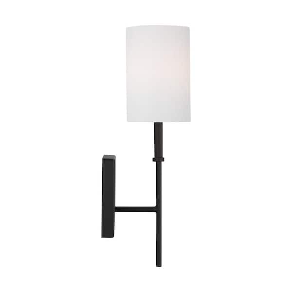 Foxdale 1-Light Midnight Black Wall Sconce with White Linen Fabric Shade