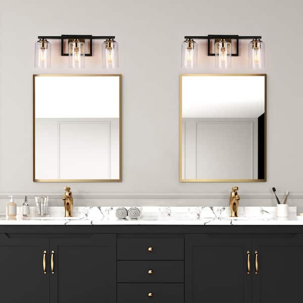 20 in. 3-Light Modern Vintage Brass Bathroom Vanity Light Seeded Glass Black Bath Lighting Classic Bath Bar Vanity Light