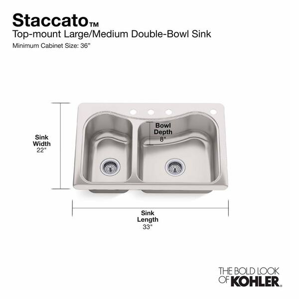 Staccato Drop-In Stainless Steel 33 in. 4-Hole Double Offset Bowl Kitchen Sink with Included Hardwood Cutting Board
