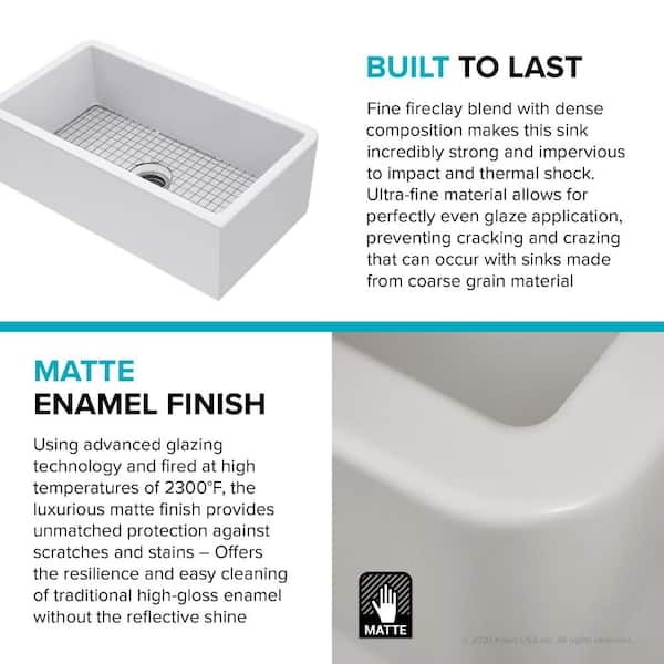 Turino Matte White Fireclay 33 in. Single Bowl Farmhouse Apron Kitchen Sink