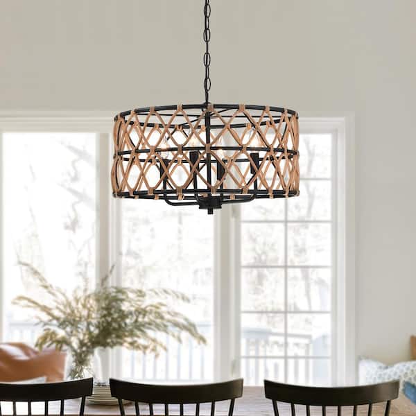 Trellis 20 in. 4-Light Black Drum Chandelier with Natural Rattan Shade
