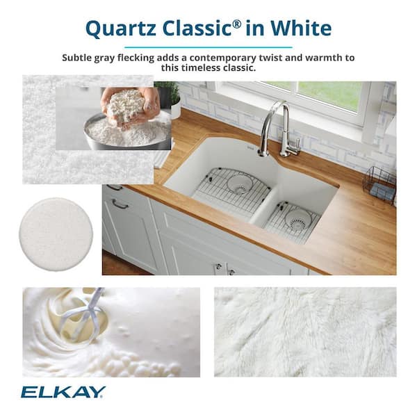 Quartz Classic White Quartz 33 in. Single Bowl Undermount Kitchen Sink with Bottom Grid and Drain