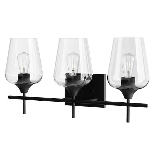 3-Light Matt Black Bathroom Vanity Light with Clear Glass Shades