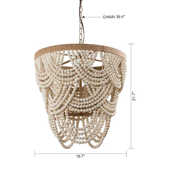 Modern Boho Dining Room Chandelier 4-Light Distressed White Island Chandelier with Wood Beads and Rope