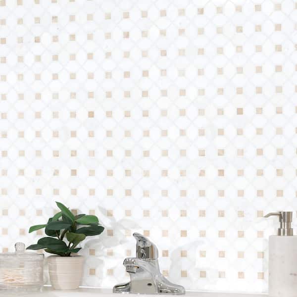 Bianco Dolomite Crema Dotty 12.4 in. x 12.4 in. x 10 mm Polished Marble Mosaic Tile (10.7 sq. ft. / case)