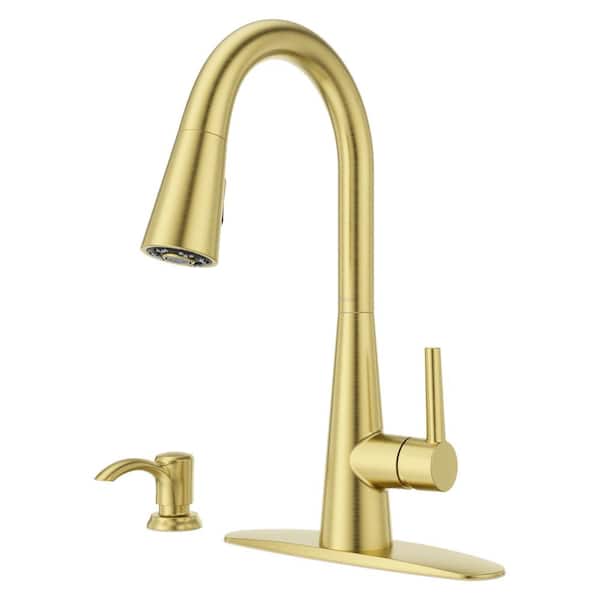 Barullli Single Handle Pull Down Sprayer Kitchen Faucet with Deckplate Included and Soap Dispenser in Brushed Gold