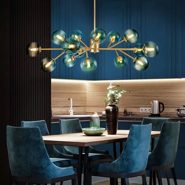 Higginsville 15-Light Farmhouse Gold Sputnik Sphere Linear Pendant Chandelier with Gradient Blue Glass Shade