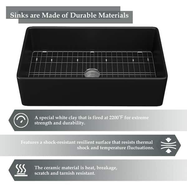 Black Fireclay 36 in. Single Bowl Farmhouse Apron Kitchen Sink with Bottom Grid and Basket Strainer