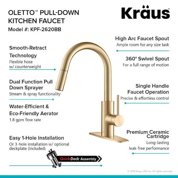 Oletto Single-Handle Pull-Down Kitchen Faucet with Dual-Function Sprayer in Brushed Brass