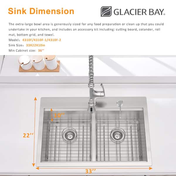 Zero Radius Drop-in 18G Stainless Steel 33 in. 2-Hole 50/50 Double Bowl Workstation Kitchen Sink with Spring Neck Faucet