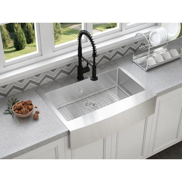Brimley Retrofit Dual Mount Stainless Steel 33 in. 1-Hole Single Bowl Curved Farmhouse Apron Front Kitchen Sink
