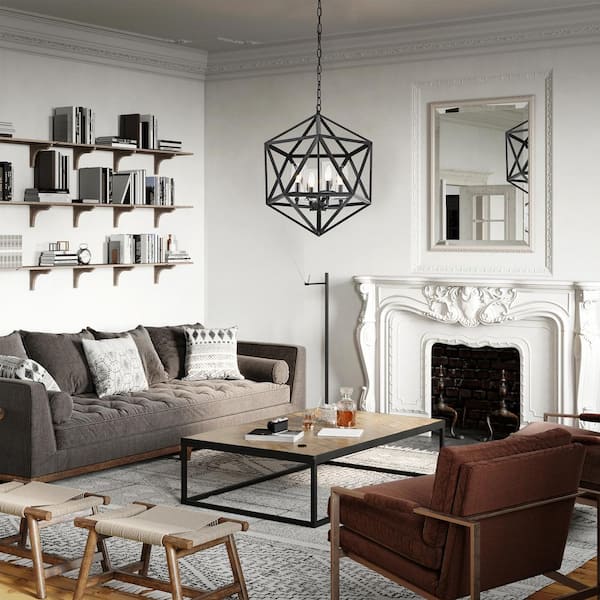 Renzo 4-Light Antique Black Geometric Iron Modern Farmhouse Cage Chandelier with Clear Glass Shades