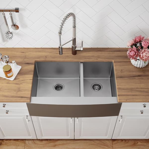 Standart PRO Farmhouse Apron-Front Stainless Steel 33 in. Double Bowl Kitchen Sink