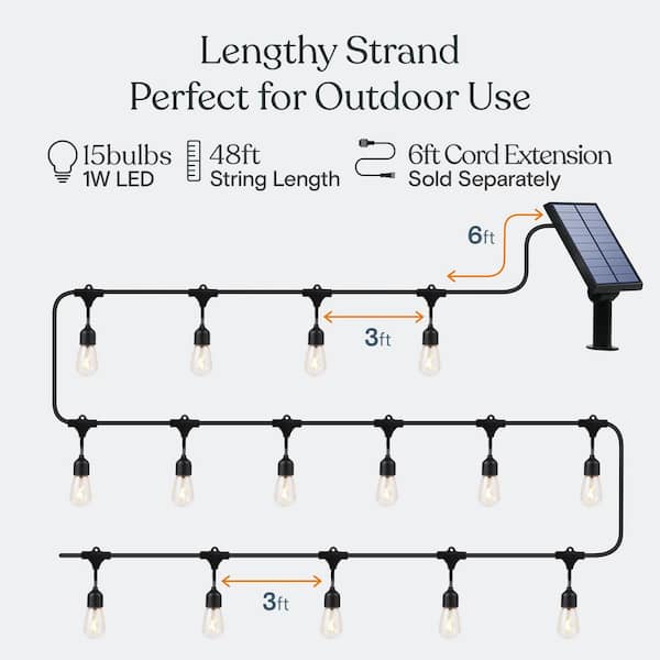Ambience Pro 15-Light 48 ft. Outdoor Solar 1W 3000k LED S14 Hanging Remote Control Edison Bulb String-Light