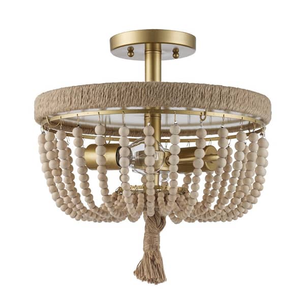 Taylan 14 in. 2-Light Antique Gold Semi Flush Mount Ceiling Light Fixture with Jute Rope and Wood Beaded Shade