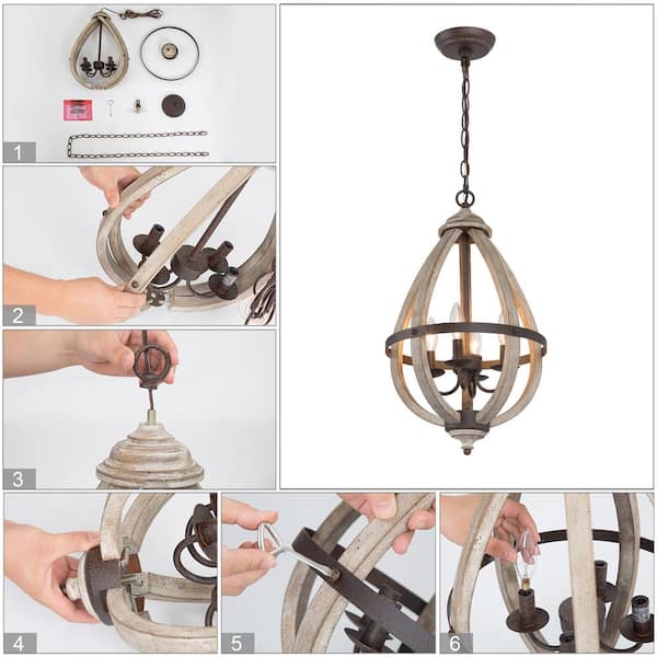 4-Light Rustic Bronze Farmhouse Globe Island Chandelier with Tear-Drop Wood Cage Transitional Candlestick Pendant Light