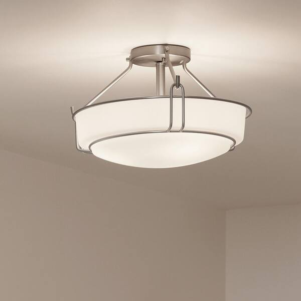 Alkire 16.5 in. 3-Light Brushed Nickel Hallway Transitional Semi-Flush Mount Ceiling Light with Frosted Glass