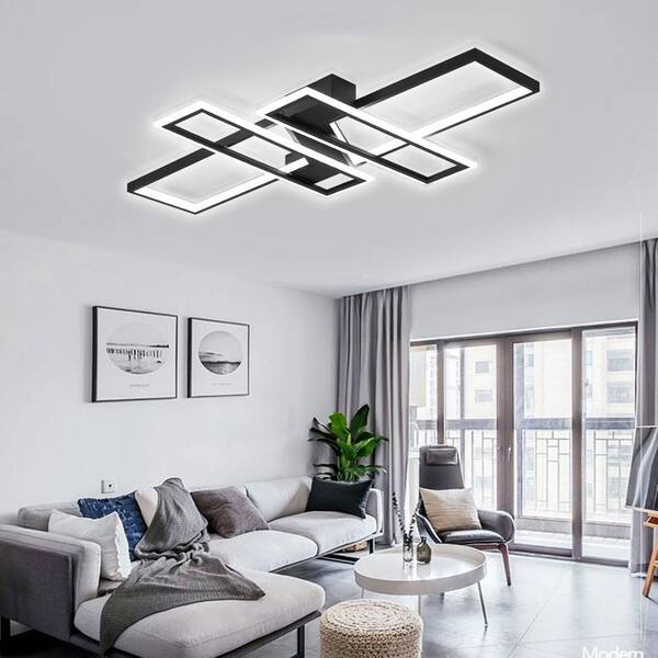 35.4 in. 1-Light Black Modern Geometric Dimmable Selectable LED Semi-Flush Mount Ceiling Light with Remote