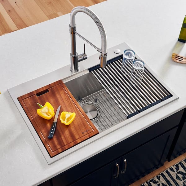 Drop-In Stainless Steel 33 in. Workstation Ledge Topmount Kitchen Sink 16-Gauge Single Bowl