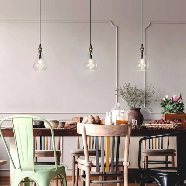 Modern Farmhouse Teardrop Kitchen Island Pendant Lighting Maya 1-Light Black Wood Pendant Light with Seeded Glass Shade