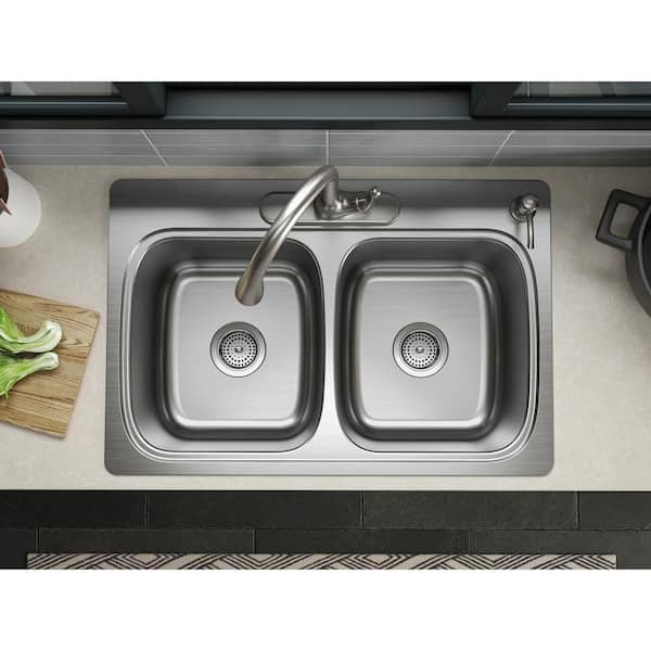 Verse 33 in. Drop-in Double Bowl 20 Gauge Stainless Steel Kitchen Sink with 4-Holes