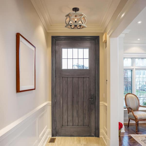 Farmhouse Antique Wood Drum Semi-Flush Mount 3-Light Rustic Kitchen Island Ceiling Lamp with Rusty Bronze Candle Holders