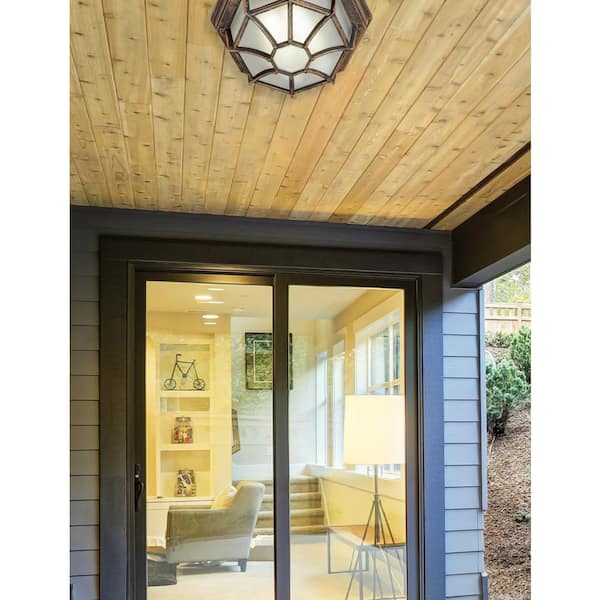 Benkert 11 in. 1-Light Rust Outdoor Flush Mount Ceiling Light Fixture with Frosted Glass