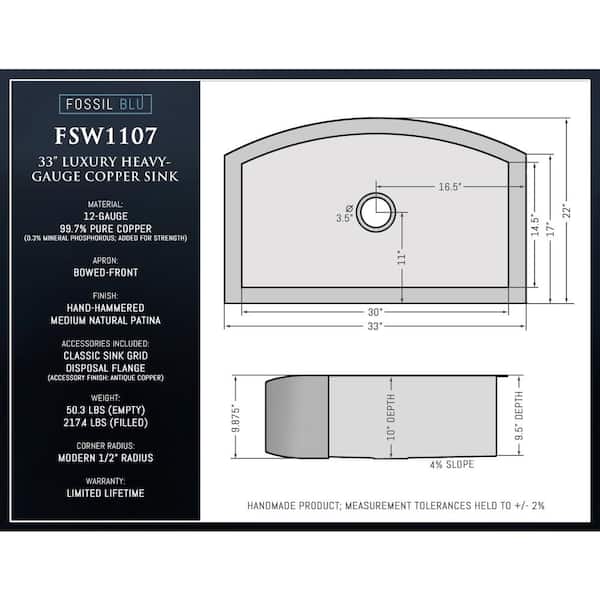 Luxury Medium Patina 12-Gauge Copper 33 in. Single Bowl Farmhouse Apron Kitchen Sink with Accs and Curved Front