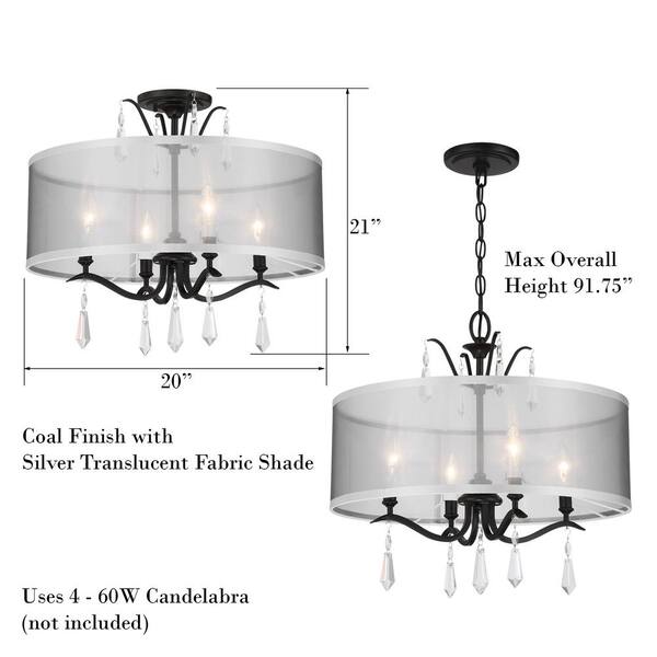 Laurel Estate 20 in. 4-Light Black Semi-Flush Mount to Pendant with Silver Translucent Fabric Shade