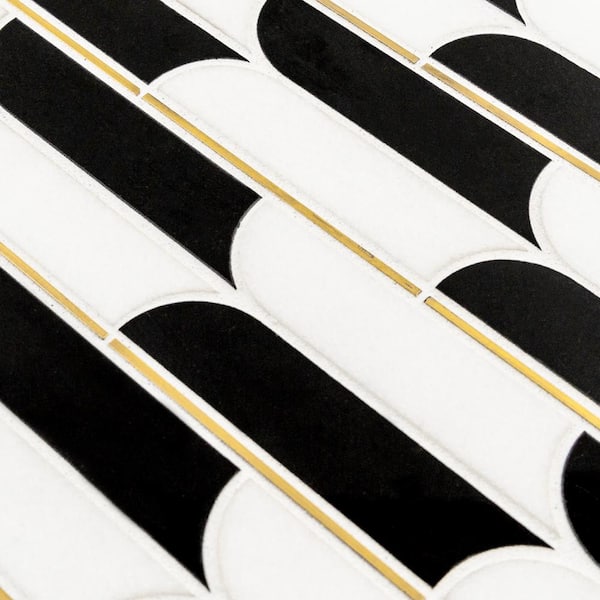 Jubilee White/Black 11.875 in.x 9.375 in.Polished Thassos/Nero Marquina Marble/Gold Metal Mosaic Tile(7.73 sq. ft./Case)